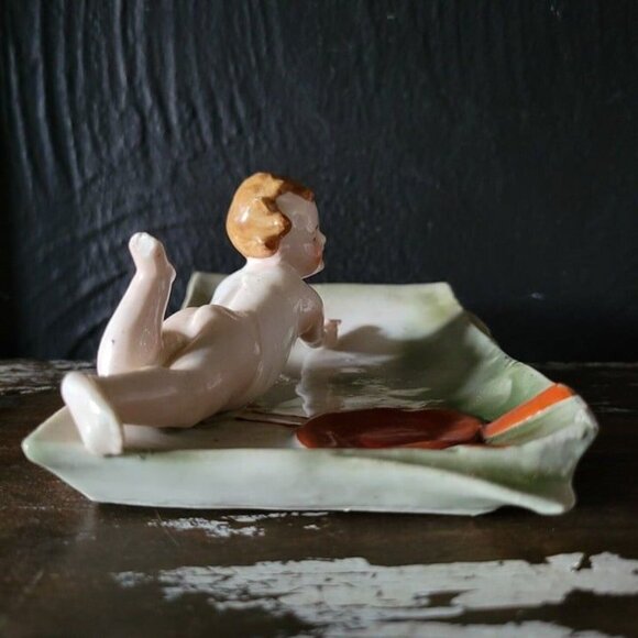 Antique Pin Dish Baby Swimming German Bisque Circa 1900, Antique Trinket Dish - Picture 4 of 10